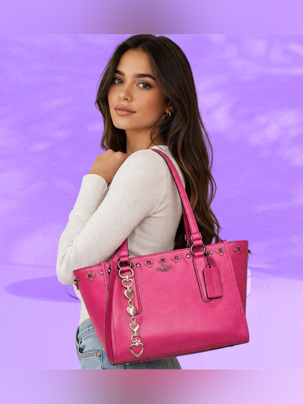 COACH Y2K soho shoulder bag Hot Pink Leather Tote with Heart Charm - Picture 17 of 17